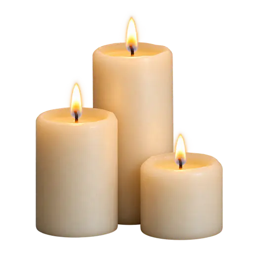 Three cream pillar candles of different heights stand close together, each with a small gold flame and a soft warm glow, a faint contact shadow fading beneath them on a transparent background. Halloween candle asset for compositing.