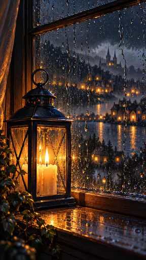 A lantern with a lit candle glows behind a rain-streaked window at night.