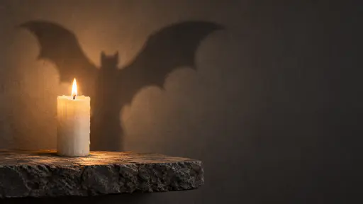 A single thick chalk-white pillar candle with a small clear flame stands on a rough grey stone shelf in a dim room. Its cast shadow on the plain wall behind it is the one impossible detail: the silhouette spreads into two broad curved bat wings in dark charcoal, soft-edged, while the candle stays perfectly ordinary. Warm amber candlelight falls off into charcoal darkness, and the right half of the wide frame remains empty wall — a quiet gothic Halloween background with clear copy space.