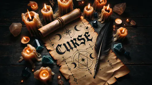 Overhead view of a tattered parchment scroll with black gothic CURSE lettering, crescent moons and geometric occult symbols. A black feather quill with a metal nib and ink droplet lies on its right, while melted candles and teal and smoky crystals sit on the dark wooden table.