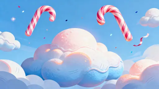 Cloud-like candy cane shapes float across a soft 16:9 sky, arranged for cinematic framing with gentle motion cues and a pastel color study for whimsical illustration use.