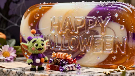 Photo‑real 3D render of full-frame HAPPY HALLOWEEN letters in translucent hard-candy glass with amber, ivory and grape swirls, sugar-crystal sparkle, a chenille-and-pom-pom goblin by a bakery-stone base and wrapped sweets, card-ready 16:9.