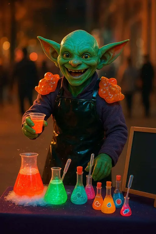 Portrait photo of a candy goblin running a sidewalk chemistry-themed pop-up with gummy-bear pauldrons, a vinyl apron, bubbling neon syrups and lantern warmth, framed for vertical display.