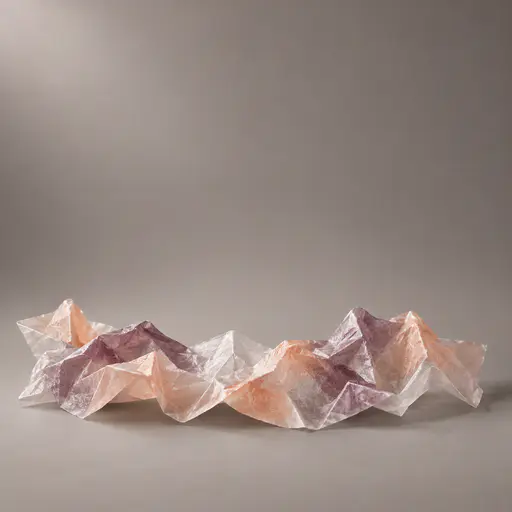 Photorealistic studio product-stage background: a low sweep of blank, unprinted crinkled candy-paper in peach and plum tints arcs across the lower foreground of a warm-grey seamless set, leaving a flat empty product zone in the center and a clean calm copy zone above; a halloween candy product backdrop.