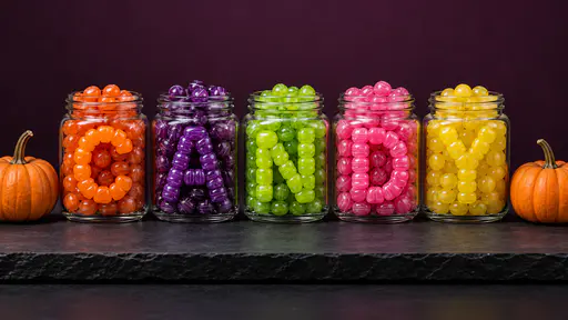 Five glass jars on a black slate shelf against a deep plum backdrop, each filled with hard candies of one colour arranged as one capital letter to spell CANDY, with a small orange pumpkin at each end.