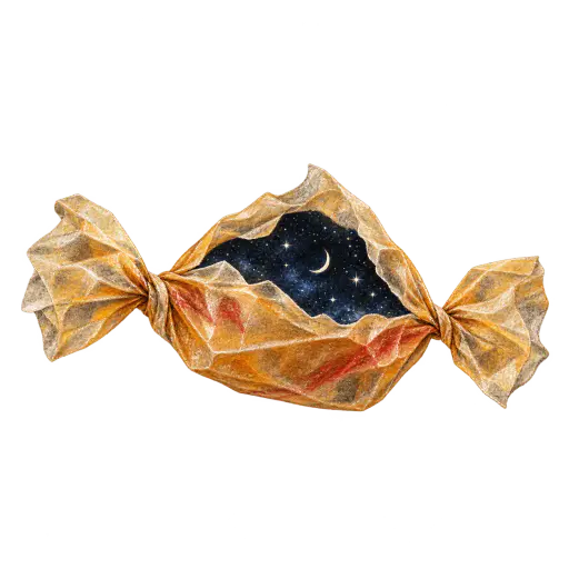 A small open candy wrapper with twisted ends, drawn in soft chalk and charcoal with muted amber and red washes, holds a crisp miniature night sky — a slim crescent moon and tiny sharp stars — where the candy would sit. The wrapper paper is plain and unlettered. Surreal minimal Halloween illustration isolated on a transparent background.