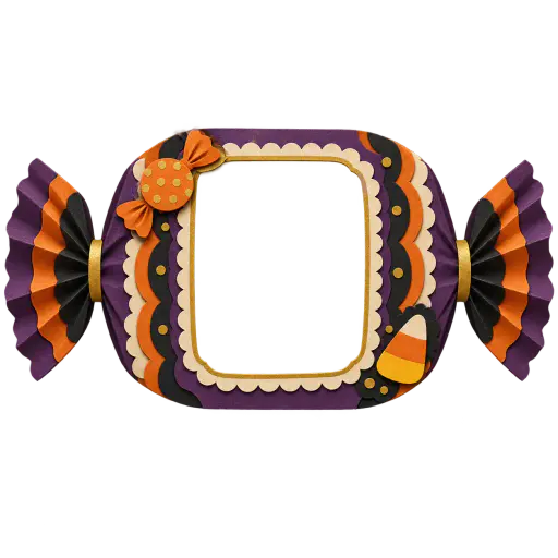 Layered paper-cut Halloween candy-wrapper frame in purple, orange and cream, its short ends twisted into pleated paper twists and small paper sweets tucked at the window corners; the tall central opening is fully transparent so a photo can show through, for use as a candy-theme photo-frame overlay.