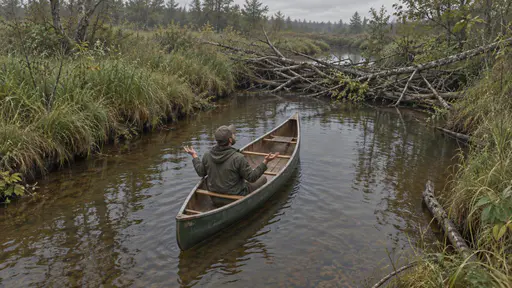 Up the creek without a paddle: an elevated three-quarter editorial outdoor photograph under flat overcast light, where a traveler sits in a tiny open canoe on a narrow creek with both empty hands raised and the whole paddle-free interior visible, drifting toward a shallow tangle of branches ahead.
