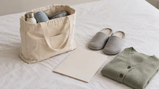 On a plain pale bedspread in even diffuse light a canvas tote bag stands open with a blank admission folder, a pair of slippers and a folded cardigan laid out neatly beside it for a hospital stay seen from a slight high angle.