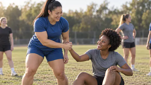 A powerfully built woman in a blue training top with a high ponytail pulls a slim young woman with a short natural afro in a grey top up from the grass by the hand after a tackle, both smiling, the young woman brushing her knee, a few teammates blurred behind them on a worn pitch.