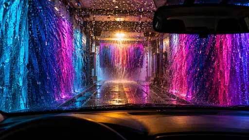 From the driver seat with a dashboard edge and rearview mirror in view, car wash brushes glow as curtains of cyan, magenta and violet light in a slide film photograph.