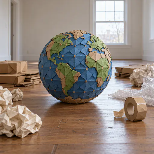 A small Earth made of folded cardboard modules rests among crumpled packing paper, a roll of tape and flat boxes on the floor of an emptied living room.