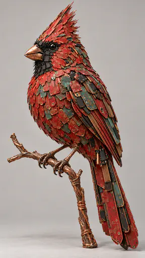 A perched cardinal with a crest, a short thick beak, wings and a long tail of layered circuit board fragments edged in copper stands on a short wire branch.