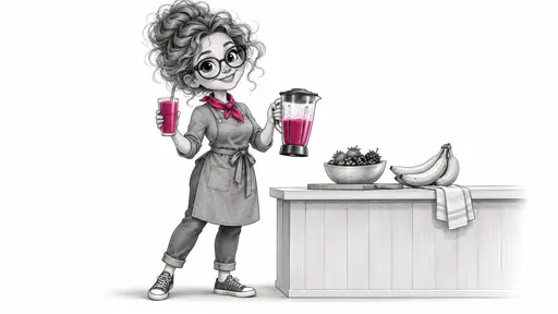 A cartoon adult with a balloon head and chunky glasses in a grey apron holds a tall magenta berry smoothie in one hand and a blender jug in the other beside a bowl of berries on a white ground.