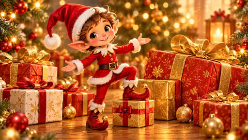 A cartoon elf figurine in a red-and-white hat among wrapped Christmas gift boxes.
