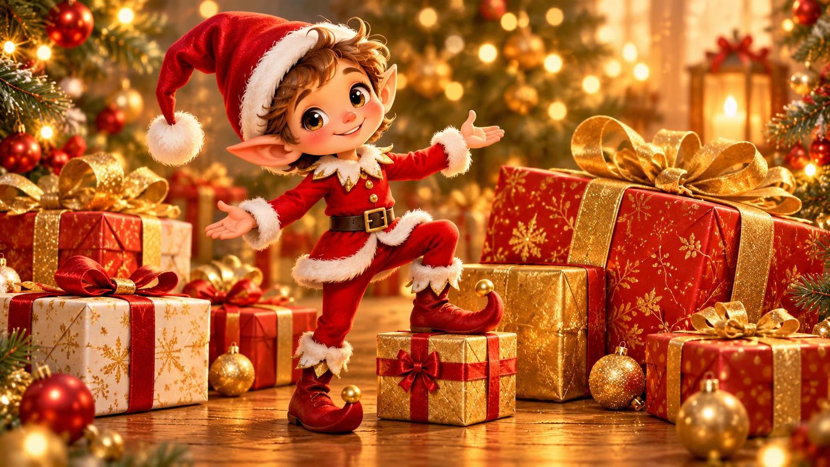 A cartoon elf figurine in a red-and-white hat among wrapped Christmas gift boxes.