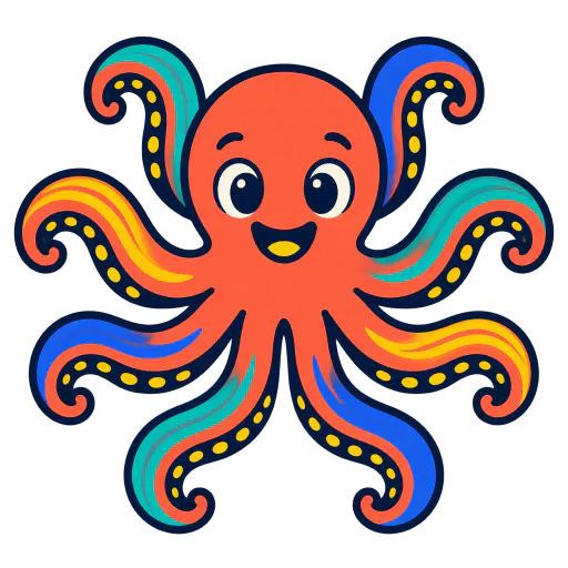 A friendly cartoon octopus curls its eight arms into a compact icon, with bold outlines, vivid solid colours and a few broad linear accents on transparency.