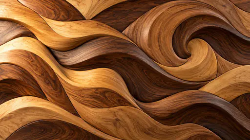 A wide close view of a carved walnut wall relief of flowing interlocking waves in warm brown and honey wood tones with raking side light across the grain.