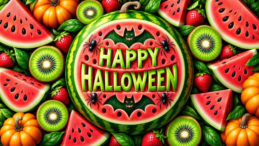 Green HAPPY HALLOWEEN letters carved into a central watermelon, with red flesh, bat motifs and black spiders, surrounded by kiwi, strawberries, watermelon wedges, pumpkins and leaves.
