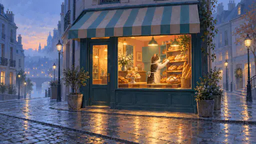 Painterly storefront scene of a warm bakery window on a cold blue morning, a baker cat arranging golden bread behind the glass.