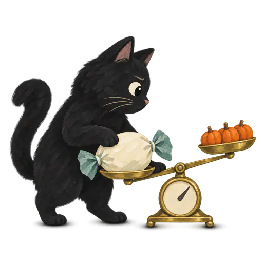 Halloween clipart of a rounded black cat checking a small brass candy scale, weighing one oversized wrapped sweet against three miniature pumpkins; opaque gouache illustration isolated on a transparent background with a soft contact shadow, for stickers, gift tags and party printables.