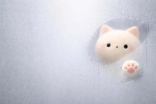 A 3:2 wallpaper showing a cream-furred 3D cat mascot partially revealed through a misted glass plane with sparse droplets and two wiped patches exposing a face and paw pad.