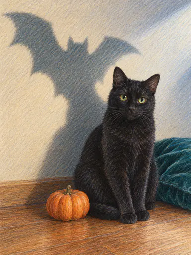A black cat drawn in layered colored pencil sits on a warm wooden floor beside a small ribbed pumpkin and a velvet teal cushion, gazing forward while a soft grey-teal shadow shaped like a friendly bat with spread wings climbs the pale cream wall behind it in cool moonlight.