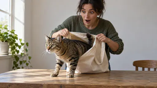 Let the cat out of the bag: a side three-quarter staged scene in a plain room where a surprised person holds open a cloth shopping bag while a tabby cat steps halfway out, its head and front paws on the table and its hindquarters still down inside the bag, under soft window light.