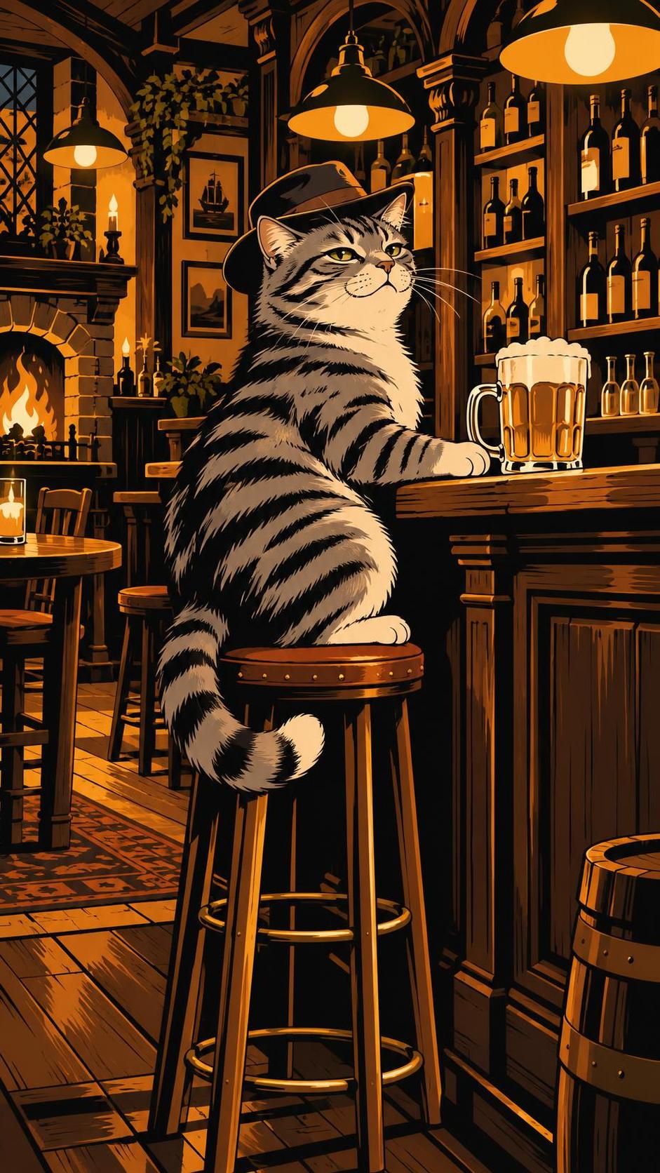A funny grey tabby cat in a small felt hat sits on a bar stool at a cozy pub counter with a frothy mug of beer in front of it with warm bar lights and bottles behind.