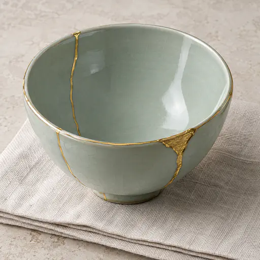 A celadon bowl on a folded linen cloth on pale stone, four gold seams running rim to base, one wider and uneven, a soft contact shadow and glaze reflection.