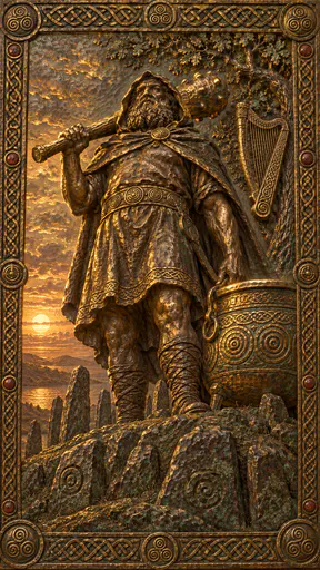 The Irish father god the Dagda, a bearded figure in a hooded cloak, carries an enormous club over his shoulder beside a great cauldron on a hilltop of standing stones in hammered bronze and gold.