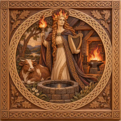 The Celtic goddess Brigid with a flame crown and a woven cloak holds a torch and a harp at a sacred well beside a forge fire with a cow in inlaid wood within a knotwork border.