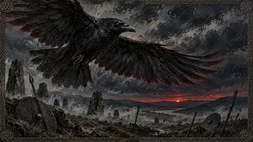 The Celtic goddess the Morrigan, as a great black raven with spread wings, wheels over a misty moor with standing stones and abandoned shields under a stormy dusk in layered wax paint.