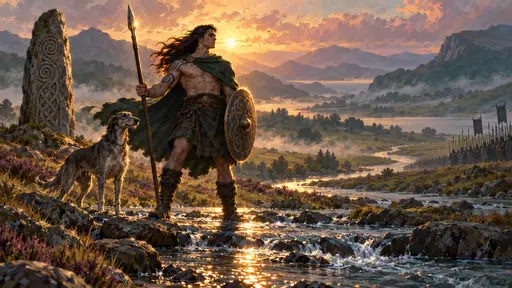 The Irish hero Cu Chulainn with a spear, a round shield and a hound stands guard at a river ford beside a standing stone in a golden misty valley at sunset.