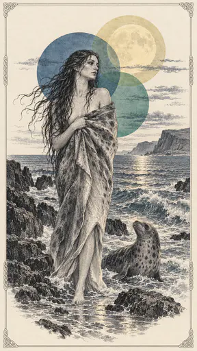 A Celtic selkie, a seal woman with long wet hair wrapped in a grey seal skin, stands among waves on a rocky shore with a seal beside her under a rising full moon in engraved lines.