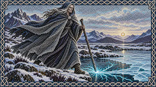 The Celtic winter goddess the Cailleach, a tall old woman in a hooded shawl with a long staff, strides across a snowy highland moor and freezes a small loch under a pale dawn in jewelled beads.