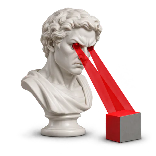 Seeing red: tense ceramic portrait bust with red glass disks set into its eye openings, twin red viewing cones turning a small gray cube red, isolated on transparency with a soft contact shadow.