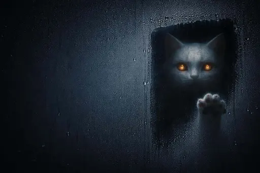 Minimalist 3:2 wallpaper of a midnight-blue fogged glass plane with cleared patches revealing a ghostly cracked porcelain cat, glowing amber eyes, and a paw smudge.