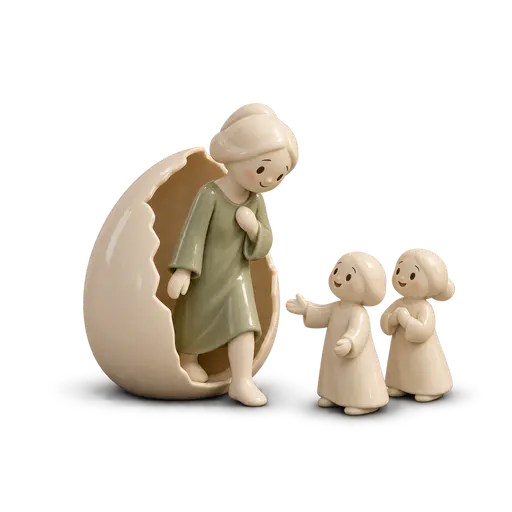 Coming out of your shell: a ceramic adult steps out of a large cracked eggshell toward two small welcoming figures, one foot still inside the empty shell.