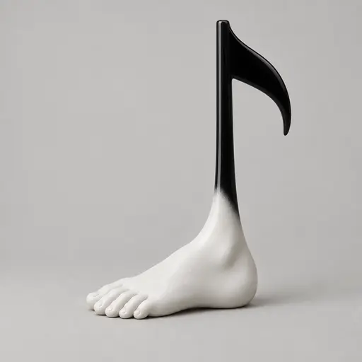 Footnote: sculptural product photograph of a smooth matte white ceramic human foot seen from the side, its heel continuing into a slender glossy black musical note stem, one integrated sculpture resting with a soft contact shadow on a perfectly flat warm pale-grey field.