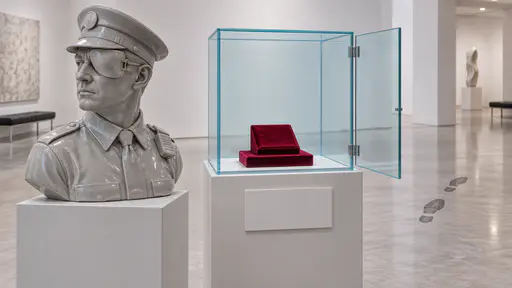 Turning a blind eye: a ceramic security guard in profile turns away from a plainly open display case, an opaque hinged cover rotated across the eye nearest the case while an empty velvet stand and departing footprints stay in frame.