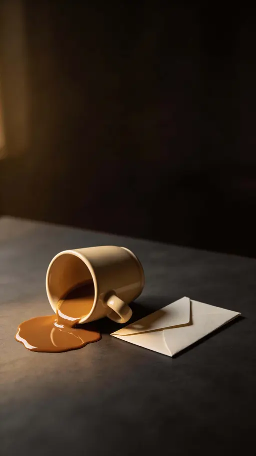 Vertical 9:16 cinematic still-life of a tipped ceramic mug spilling coffee across a dark tabletop beside a folded blank envelope, minimal and quietly somber.