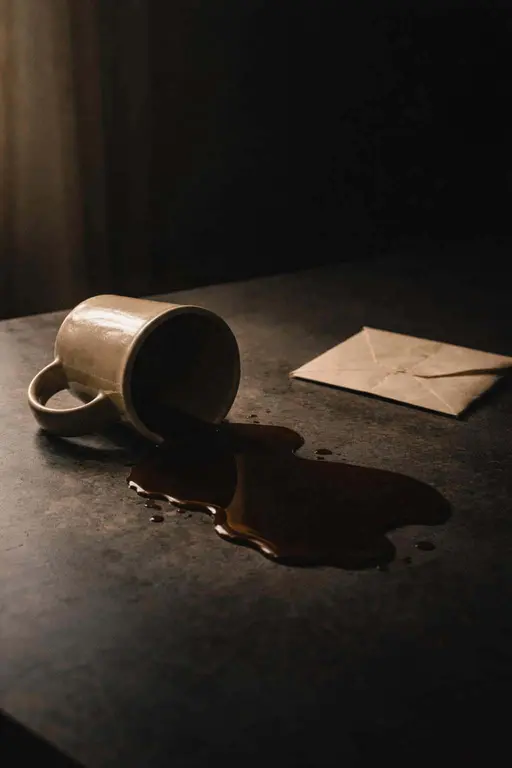 Vertical 2:3 cinematic still-life of a tipped ceramic mug spilling coffee across a dark tabletop beside a folded envelope, minimal and quietly mournful.