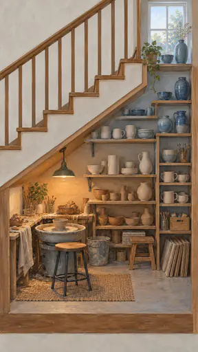 Side view of a tiny ceramic studio beneath a wooden stair flight, pottery wheel low with wet clay work and glazed pieces rising step by step to a small window.