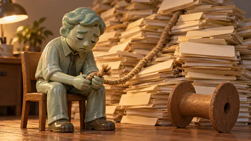At the end of your rope: a tired ceramic office worker holds the last short frayed rope end while blank folders pile mountain-high, an empty spool beside the chair.