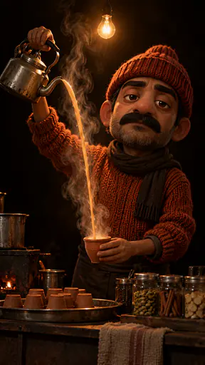 A stylized noir toon adult chai seller in a chunky orange knit sweater and ribbed beanie pours spiced milky tea in a long arc from a kettle into a small clay cup under a single hanging bulb.