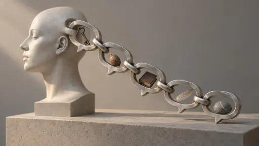 Chain of thought: a side-view sculptural product photograph under soft raking light, where five hollow speech-bubble-shaped pale metal links form one genuinely interlocked chain emerging from the temple of a smooth ceramic head, each bubble holding a different small carved object such as a key,…