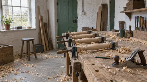 Four turned wooden chair legs lie clamped side by side in a row on a heavy pine woodworking bench beside a hand plane and a pencil with shavings curling around them in raking light from a tall window.