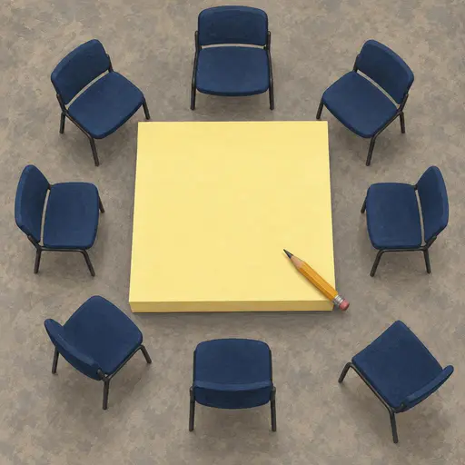 Dry gouache illustration seen from above of eight dark blue chairs ringing a giant blank pale yellow sticky note, with one chair pulled out at an angle and a single graphite pencil resting on the nearest corner.