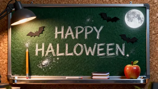 Macro 16:9 render of a deep-green (#0B3D2E) felted chalkboard embossed with 'HAPPY HALLOWEEN' in chalk-white (#F5F5F5), mini pencils, paper bats, apple figurine and tiny notebooks at the baseline, warmed by amber lamp glow (#FFB347) and rim